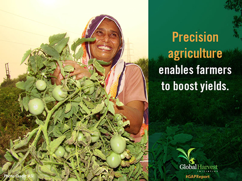 Graphic of Indian farmer holding harvest with text saying precision agriculture enables farmers to boost yields